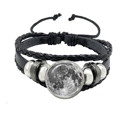 Bracelet De Personnalité En Cuir Tressé Avec Corde Rose, Motif De La Lune, Bouton Cabochon En Verre, Accessoires Cadeau