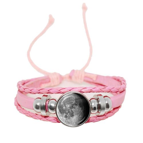 Bracelet De Personnalité En Cuir Tressé Avec Corde Rose, Motif De La Lune, Bouton Cabochon En Verre, Accessoires Cadeau