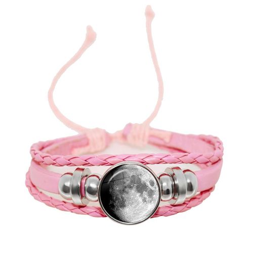Bracelet De Personnalité En Cuir Tressé Avec Corde Rose, Motif De La Lune, Bouton Cabochon En Verre, Accessoires Cadeau