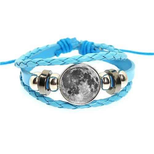 Bracelet De Personnalité En Cuir Tressé Avec Corde Rose, Motif De La Lune, Bouton Cabochon En Verre, Accessoires Cadeau