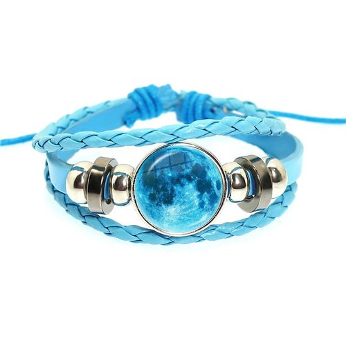 Bracelet De Personnalité En Cuir Tressé Avec Corde Rose, Motif De La Lune, Bouton Cabochon En Verre, Accessoires Cadeau