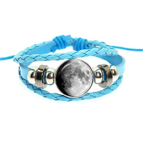 Bracelet De Personnalité En Cuir Tressé Avec Corde Rose, Motif De La Lune, Bouton Cabochon En Verre, Accessoires Cadeau