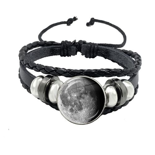 Bracelet De Personnalité En Cuir Tressé Avec Corde Rose, Motif De La Lune, Bouton Cabochon En Verre, Accessoires Cadeau