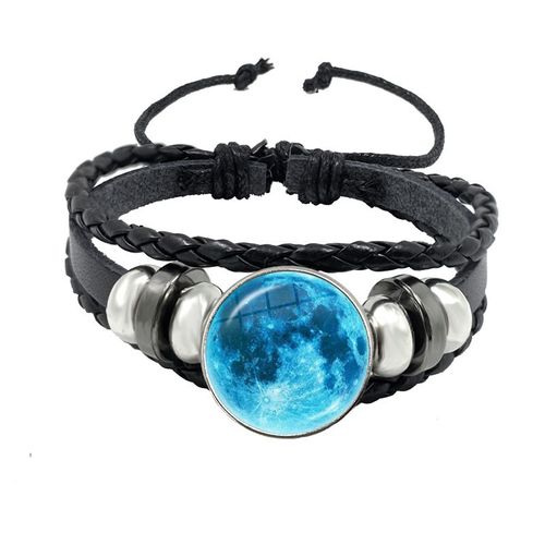 Bracelet De Personnalité En Cuir Tressé Avec Corde Rose, Motif De La Lune, Bouton Cabochon En Verre, Accessoires Cadeau