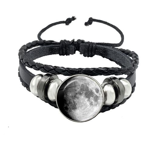 Bracelet De Personnalité En Cuir Tressé Avec Corde Rose, Motif De La Lune, Bouton Cabochon En Verre, Accessoires Cadeau