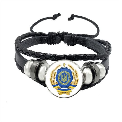 Tryzub-Bracelet Vintage En Cuir Noir Pour Hommes, Bracelets Multicouches, Cabochon En Verre, Symbole 21e, Ukraine, Haute Qualité