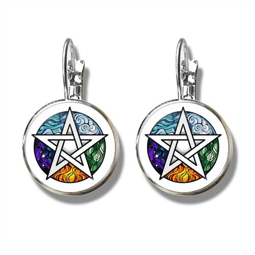 Boucles D'oreilles Pentagramme Plante Verte Rotin Arbre Goutte, Wiccan Étoile Pentacle Bijoux Occulte Verre Cabochon Boucles D'oreilles
