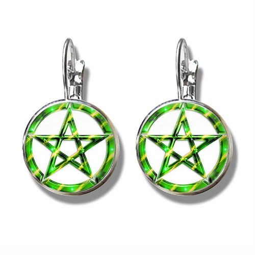 Boucles D'oreilles Pentagramme Plante Verte Rotin Arbre Goutte, Wiccan Étoile Pentacle Bijoux Occulte Verre Cabochon Boucles D'oreilles