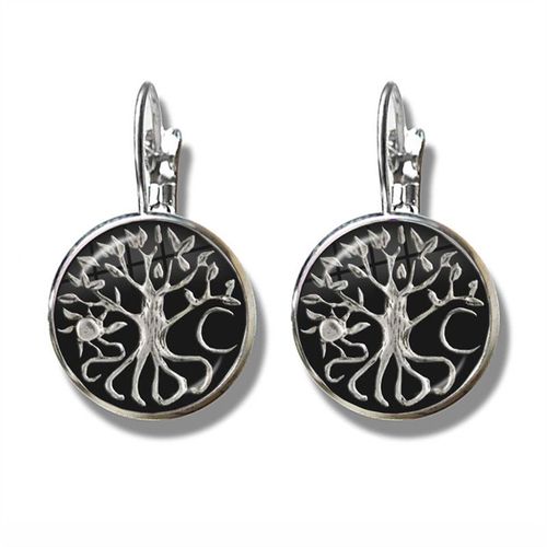 Boucles D'oreilles Pentagramme Plante Verte Rotin Arbre Goutte, Wiccan Étoile Pentacle Bijoux Occulte Verre Cabochon Boucles D'oreilles