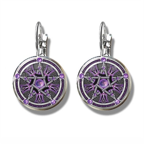Boucles D'oreilles Pentagramme Plante Verte Rotin Arbre Goutte, Wiccan Étoile Pentacle Bijoux Occulte Verre Cabochon Boucles D'oreilles