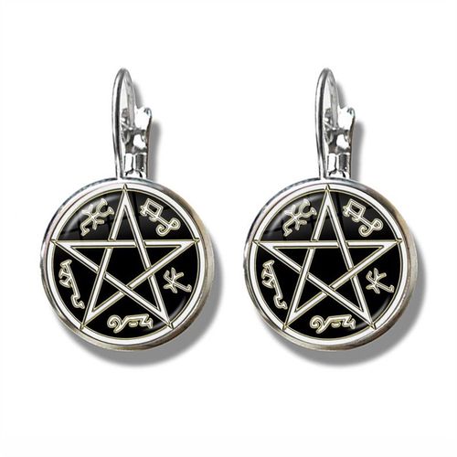 Boucles D'oreilles Pentagramme Plante Verte Rotin Arbre Goutte, Wiccan Étoile Pentacle Bijoux Occulte Verre Cabochon Boucles D'oreilles
