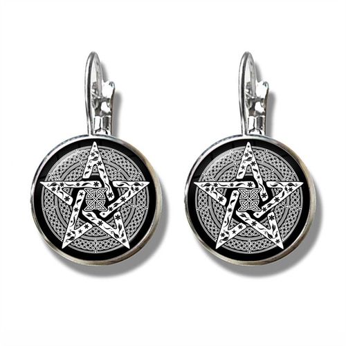 Boucles D'oreilles Pentagramme Plante Verte Rotin Arbre Goutte, Wiccan Étoile Pentacle Bijoux Occulte Verre Cabochon Boucles D'oreilles