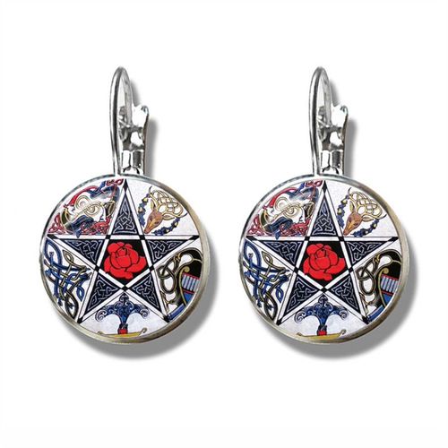 Boucles D'oreilles Pentagramme Plante Verte Rotin Arbre Goutte, Wiccan Étoile Pentacle Bijoux Occulte Verre Cabochon Boucles D'oreilles