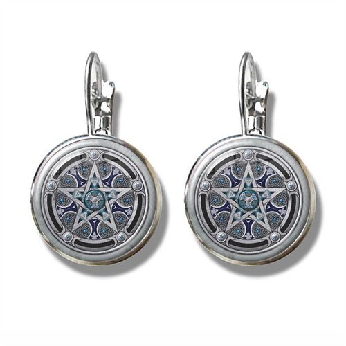 Boucles D'oreilles Pentagramme Plante Verte Rotin Arbre Goutte, Wiccan Étoile Pentacle Bijoux Occulte Verre Cabochon Boucles D'oreilles