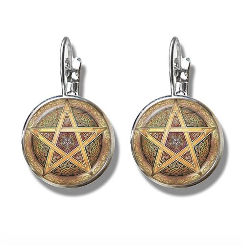 Boucles D'oreilles Pentagramme Plante Verte Rotin Arbre Goutte, Wiccan Étoile Pentacle Bijoux Occulte Verre Cabochon Boucles D'oreilles