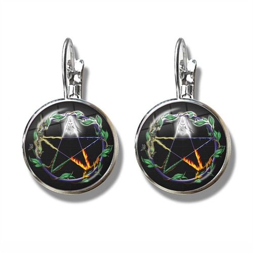 Boucles D'oreilles Pentagramme Plante Verte Rotin Arbre Goutte, Wiccan Étoile Pentacle Bijoux Occulte Verre Cabochon Boucles D'oreilles