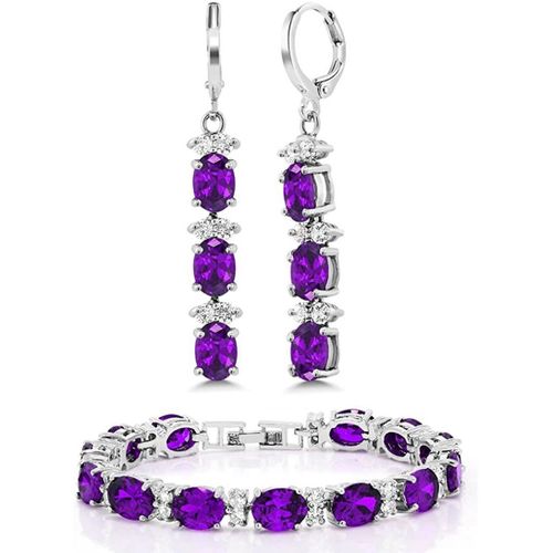 Ensemble De Bracelets De Tennis Pour Femmes, 7 Pouces, En Améthyste Émeraude, Saphir Rubis Et Blanc, Avec 2 Boucles D'oreilles Ovales Assorties