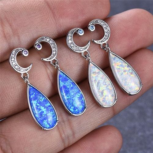 2 Paires De Boucles D'oreilles De Luxe En Forme De Goutte D'eau Pour Femmes, Imitation Pierre De Lune, Couleur Argent, Bleu, Blanc, Feu, Opale, Bijoux