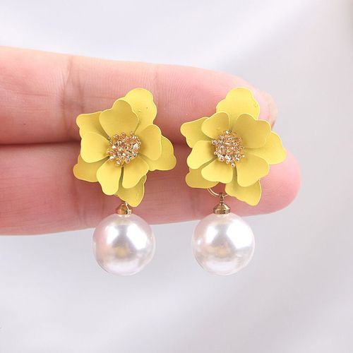 Boucles D'oreilles Goutte De Fleur De Document Jaune Pour Femmes, Pétales Multicouches, Perle 216.239., Accessoires D'oreille Féminins Élégants, Pmot