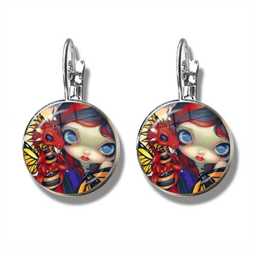 Boucles D'oreilles À Motif De Dessin Animé, Fée Et Dragon, En Verre De Cristal, Goutte Ronde, Cadeau Pour Enfants