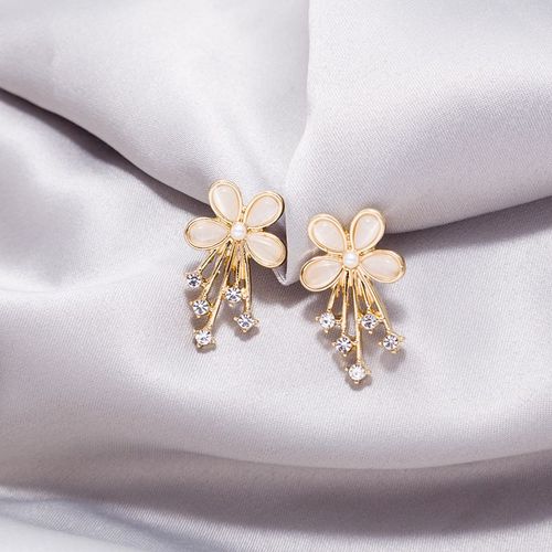 Boucles D'oreilles À Tige De Fleur En Émail Blanc Pour Femmes, Métal Doré, Rond, Cristal Brillant, Mode Coréenne, Bijoux D'oreille Pour Filles, Petites Boucles D'oreilles