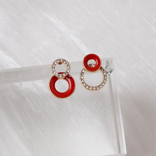 Boucles D'oreilles Rondes Asymétriques Rouges, En Émail Noir, Pour Femmes, Strass, Double Cercle, Coréen, Filles, Joli Accessoire