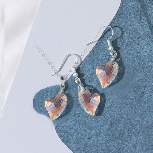 Collier Et Boucles D'oreilles En Cristal Améthyste Pour Femme, Lot De 3 Pièces, Bijoux Colorés, Pendentif En Forme De C¿Ur, Idéal Comme Cadeau De Saint-Valentin
