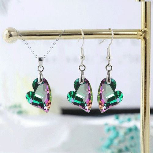 Collier Et Boucles D'oreilles En Cristal Améthyste Pour Femme, Lot De 3 Pièces, Bijoux Colorés, Pendentif En Forme De C¿Ur, Idéal Comme Cadeau De Saint-Valentin