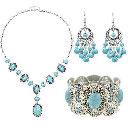 Perles Acryliques Rondes Vintage Pour Femmes, Ensembles De Bijoux Tribaux Ethniques Tibétains Gitans Bohèmes, Bracelet, Collier Pendentif, Boucles D'oreilles, Bleu, Rouge