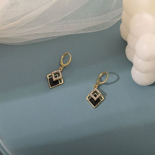 Boucles D'oreilles Pendantes En Losange Noir Pour Femmes, Boucles D'oreilles Pendantes De Couleur Or Avec Strass, Boucles D'oreilles De Fête
