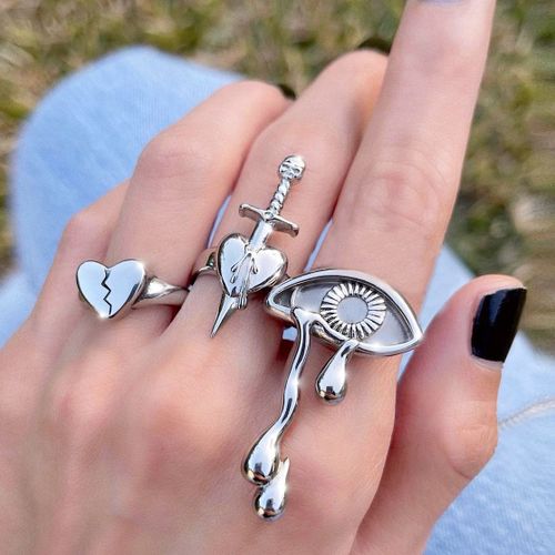 Bagues En Métal Plaqué Argent Pour Femmes, Ensemble De 3 Pièces, ¿Il Emo Avec Flèche Traversant Le C¿Ur, Bagues De Doigt, Nouveaux Bijoux Hip Hop, Cadeau