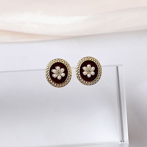 Petites Boucles D'oreilles Ovales En Émail Pour Femmes, Bijoux D'oreille Vintage Coréens, Perle, Fleur, Vin Rouge, Noir, Rond, Filles