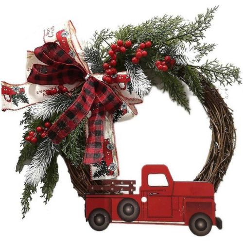 Noël Vintage Red Truck Decor Farmhouse Metal Pickup Truck Decor avec pin artificiel et petite couronne de Noël Fabriqué à la main Red Metal Truck Car M