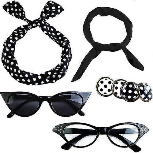 6 Pack Des Années 50 Ensemble Mousseline De Soie Écharpe Chat Oeil Lunettes Bandana Cravate Bandeau Boucles D¿Oreilles - Snngv