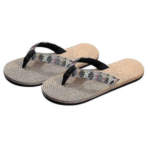 1 Paire De Chaussons À Fond Plat D¿Été Tongs De Plage En Plein Air Pantoufles Tissées De Paille Simulées Chaussures De Refroidissement De Bord De Mer Élégantes Pour Femmes (Noir Taille 40 7.5u