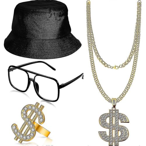 Kit De Costume Hip Hop, Avec Chapeau De Seau, Lunettes De Soleil, Bague En Chaîne En Or, Accessoires De Rappeur Des Années 80/90 - Snngv
