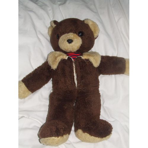 Ours Combinaison Marron Beige Corps Rouge Rayé Bleu Ancien Vintage