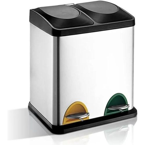 2X15 L Poubelle à pédale séparateur de déchets INOX, capacité 30L avec 2 bacs de 15L, 2 Seaux Intérieurs en Plastique, Couvercles, P