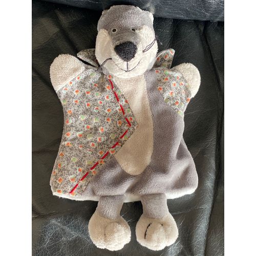 Doudou Marionnette Loup Histoire D'ours Gris Col Tissus 22 Cm