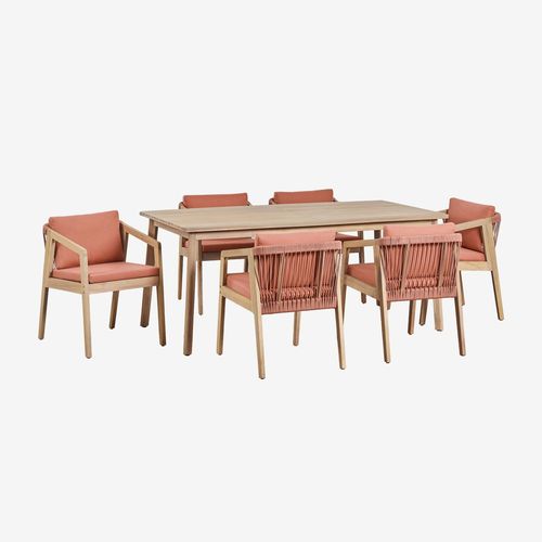 Ensemble Table Rectangulaire 180x90 Cm Et 6 Chaises De Salle À Manger En Bois D'acacia Et Corde Tressée Kaela