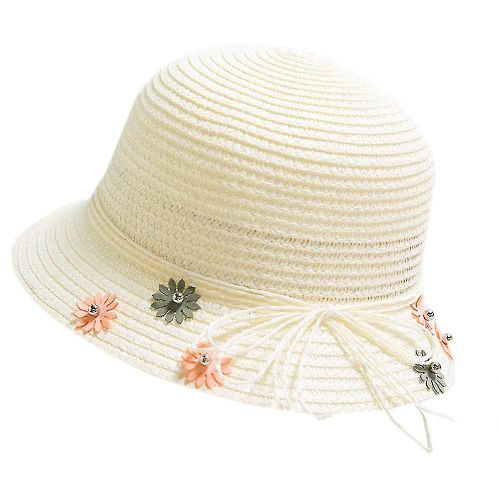 Chapeau De Paille De Fleur Filles Vacances D¿Été À La Plage Chapeau De Soleil, 1pcs, Blanc Laiteux, Circonférence 48-52cm, Paille