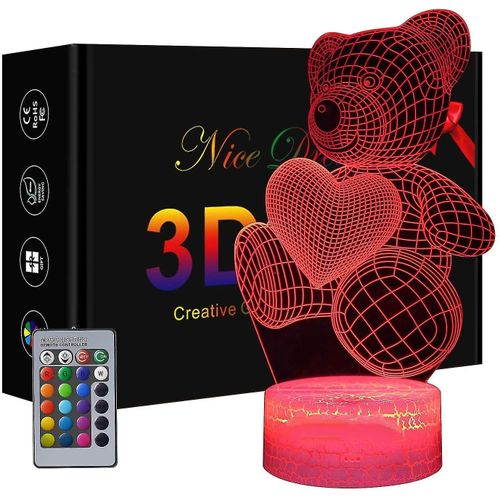 Teddy Bear 3d Night Light, 3d Optical Illusion Lampe Pour Enfants Et Amoureux 16 Couleurs Changing Acrylic Led Night Light, Cadeau De La Saint-Valentin (Ours En Peluche)