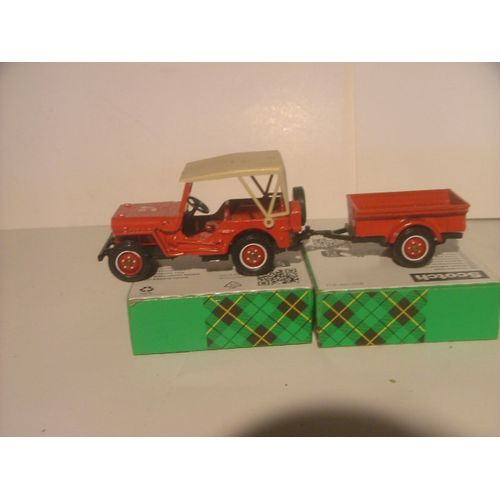 Solido 1/43 - Jeep Willys Rouge Pompier 18 + Sa Remorque