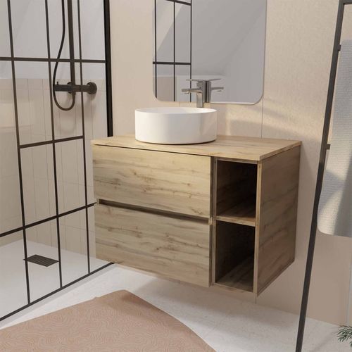 Meuble De Salle De Bains 80cm Timber Décor Chêne 2 Tiroirs Et 2 Niches - Plan Et Vasque Blanche