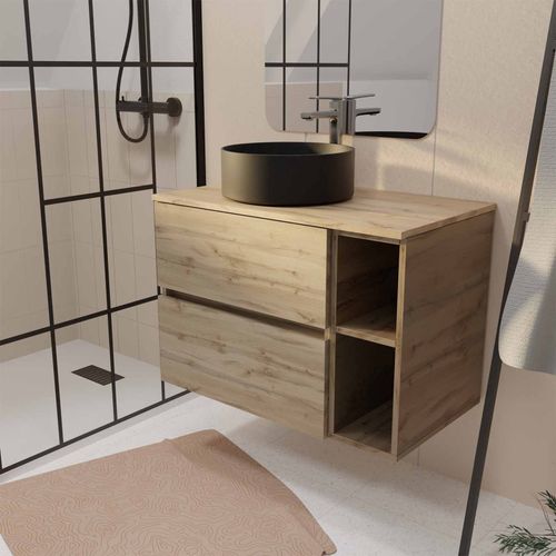 Meuble De Salle De Bains 80cm Timber Décor Chêne 2 Tiroirs Et 2 Niches - Plan Et Vasque Noire