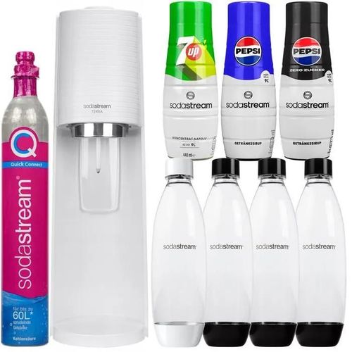 SodaStream Terra Blanc une bouteille + Bouteilles SodaStream 3x Noir 1L Fusible + Sirop pour Sodastream Pepsi, Pepsi max, 7UP