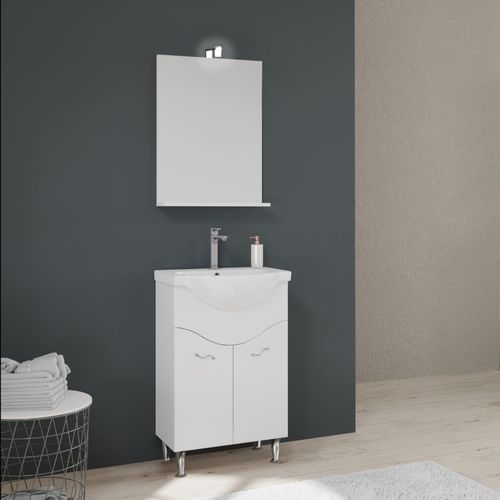 Meuble De Salle De Bains Au Sol De 56,5 Cm Avec Lavabo Et Miroir Blanc | Easy