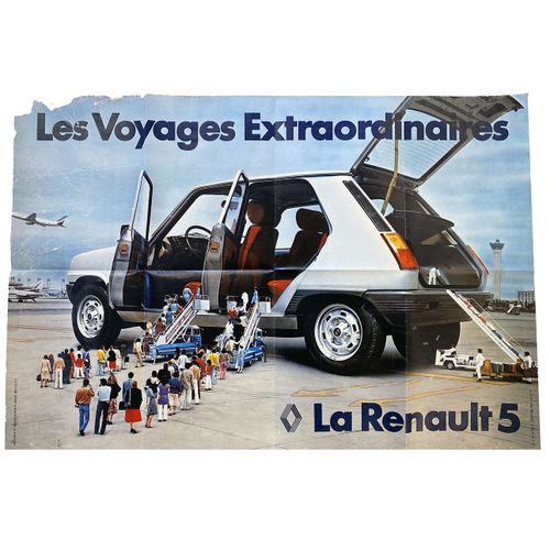 Poster Vintage Renault 5 : Les Voyages Extraordinaires - Véritable Affiche Publicitaire Pliée - Format 80x118 Cm - Comme Gulliver À Lilliput, La R5 Cinq Portes - 1980