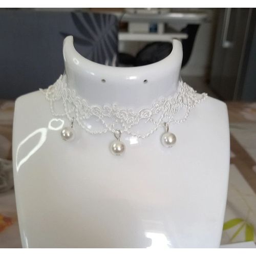Collier Ras De Cou Dentelle Blanche Perles