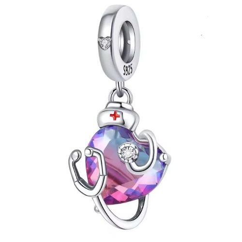 Charm / Breloque / Pendentif Pour Bracelet Médecine En Argent S925 Et Zircons Et Verre De Murano